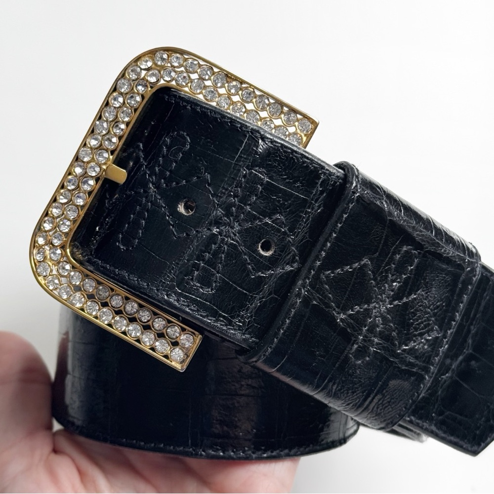 Vintage 80s / 90s Valentino Western Belt Croc Embossed and Rhinestones Gold